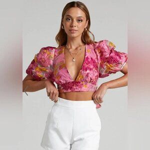 BRAILEY TOP - PUFF SLEEVE CROP TOP IN PINK JACQUARD SZ 8 US NWT 🩷✨✨🔥🔥